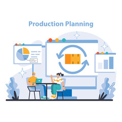 Production Planning concept. Collaborative process optimization with real-time data analysis. Workflow visualization for operational excellence. Flat vector illustration.