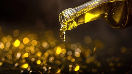 Sunflower cooking oil pours from bottle wallpaper background