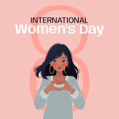 International Women's Day. 8 March. Poster with number eight and young woman showing sign of heart. Inspire inclusion. Modern vector design for poster, campaign, social media post. 