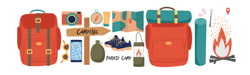 Camping and hiking kit set, hand-drawn elements. Forest travel elements. Contents of backpack, navigation instruments, fire, road pointer Flat vector illustration for travel, nikes, tourism, vacation - obrazy, fototapety, plakaty