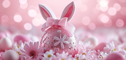 Easter egg in pink with bunny ears, a bow, and floral motifs