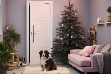  a dog sitting on a rug in front of a christmas tree in a room with a couch and a christmas tree.