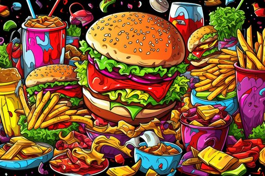  a painting of a large hamburger surrounded by many different types of french fries and ketchup on a black background.