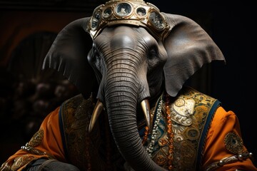 a close up of an elephant wearing a gold and red outfit and a crown on it's head with a black background.