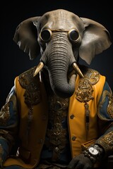  an elephant wearing a yellow and blue outfit and a pair of goggles on it's head with its trunk in his mouth.