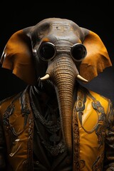  a close up of an elephant wearing a leather jacket and goggles with large round glasses on it's face.