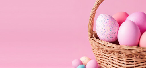 Fototapeta na wymiar horizontal banner, painted multicolored eggs in a basket, Easter, wicker basket on a pink background, birds nest, place for text