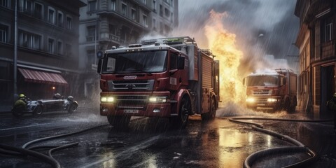 Fire engine. Generative AI. The fire engine are with ladders, firefighting apparatus and water to save lives, suppress wildfire, extinguish building fires. Fire. Fire and Rescue Service