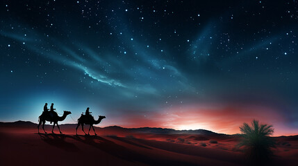 Silhouette of Three wise men riding a camel along the star path. To meet Jesus at first birth. - obrazy, fototapety, plakaty