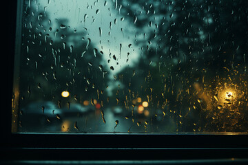Raindrops falling on a windowpane, capturing the essence of melancholy - obrazy, fototapety, plakaty