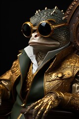  a close up of a statue of a frog wearing a gold suit and sunglasses with a clock in the background.