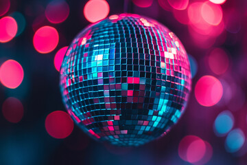 Obraz premium close-up of a minimalist disco ball at a music festival, with colorful lights reflecting off its surfaces, enhancing the immersive and energetic experience of the event in a minima