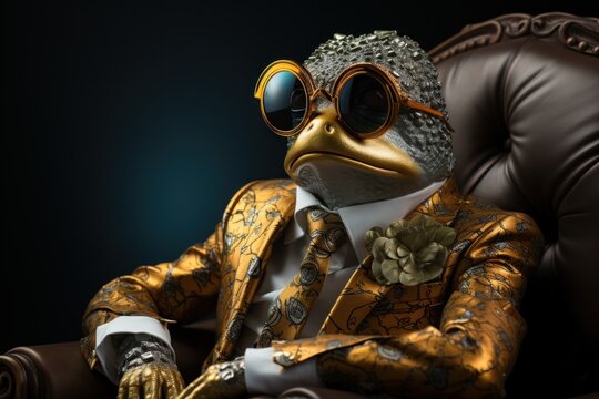  a close up of a frog in a suit and sunglasses sitting in a chair with a tie and gloves on.