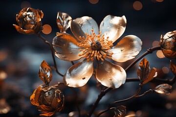  a close up of a flower on a branch with blurry boke of lights in the backround.