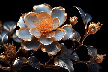  a close up of a flower on a branch with leaves on a black background with a reflection in the water.