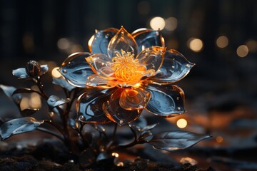  a close up of a flower on the ground with a blurry light in the background and a blurry light in the foreground.