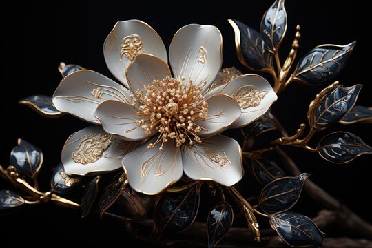  a close up of a white and gold flower on a stem with leaves on a black background with a black background.