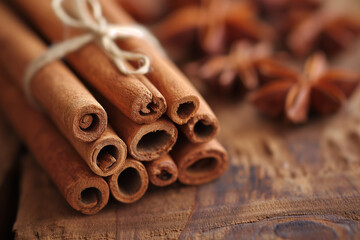 Obraz na płótnie Canvas Cinnamon sticks close up on a wooden table. Concept for advertising a coffee shop, tea shop, spices. Cozy template, fragrant spices