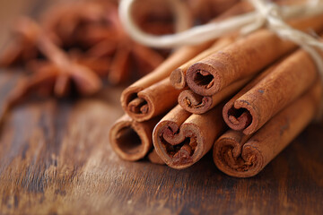 Cinnamon sticks close up on a wooden table. Concept for advertising a coffee shop, tea shop, spices. Cozy template, fragrant spices