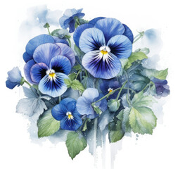 Vibrant Painting, Blue Flowers With Lush Green Leaves