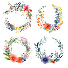 Obraz na płótnie Canvas Watercolor Wreaths With Flowers and Leaves, Four Beautiful Hand-Painted Designs