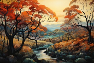  a painting of a river running through a forest filled with lots of orange and yellow trees with a sunset in the background.