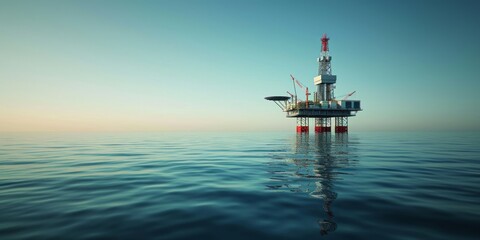 Offshore oil rig, drilling rig, jack up rig, oil platform at the sea during sunset.