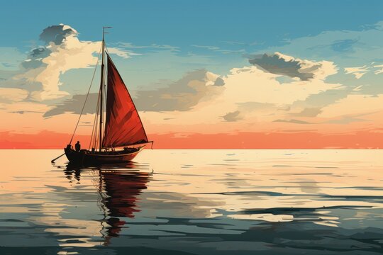  a painting of a sailboat in the ocean with a sunset in the back ground and clouds in the sky.