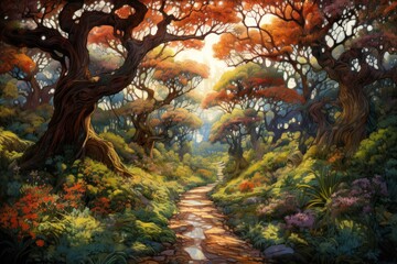  a painting of a path through a forest with lots of trees and flowers on either side of the path is a stream.
