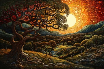  a painting of a sunset with a tree in the foreground and a yellow sun in the middle of the painting.