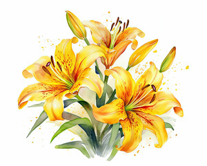Painting of Yellow Lilies on White Background