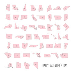USA map land area with postal abbreviations on pink USA map states. Design elements for valentines day. - 715912726