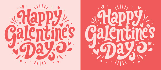 Happy Galentine's Day lettering card. Galentine pink and red quotes badge. Groovy retro vintage aesthetic Valentine best friend bestie girls party gift. Cute hearts text shirt design and print vector.