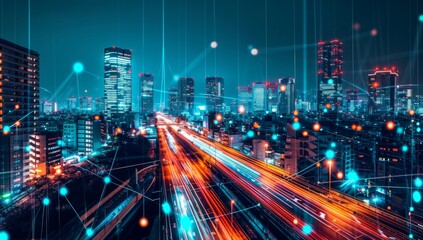 Fototapeta na wymiar the idea of a connected city at night Generative AI