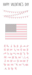Patriotic elements for your Valentine's Day design. American flag, state maps, buntings flag are depicted in romantic pink color. - 715912785