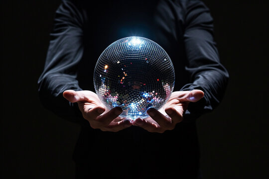 hands of a DJ or performer holding a disco ball against a sleek and minimalist stage setup, illustrating the connection between music, performance, and the iconic symbol of disco c
