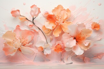  a painting of pink and white flowers with drops of water on the bottom of the image and on the bottom of the image is an orange and white background.