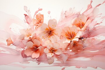  a bunch of flowers that are on a white and pink background with a splash of paint on the bottom of the image.