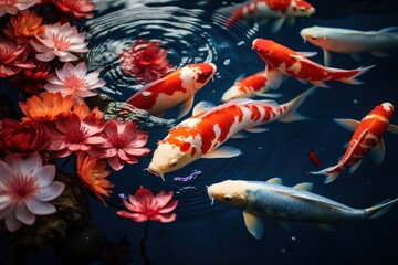 Obraz na płótnie Canvas a group of orange and white koi fish swimming in a pond with water lilies and red and white flowers.
