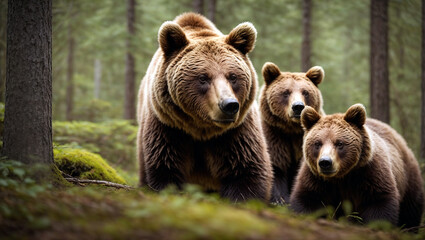 mother brown bear with her cubs in the jungle