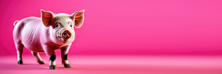 Fototapeta premium horizontal banner, National Pig Day in the USA, little pig, pink background, place for text