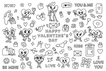 Trendy groovy valentines day sticker set. Retro valentines day. 70s 60s aesthetics. Vintage comic vector. Vector illustration - obrazy, fototapety, plakaty