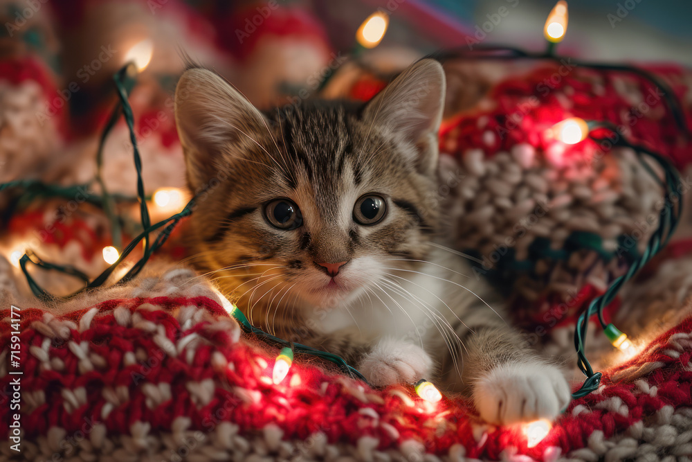 Wall mural Small cute cat with Christmas light are slipping on the knitted plaid. Close-up view