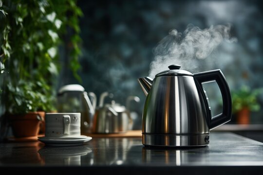  a kettle sitting on top of a kitchen counter next to a cup of coffee and a pot with steam coming out of it.