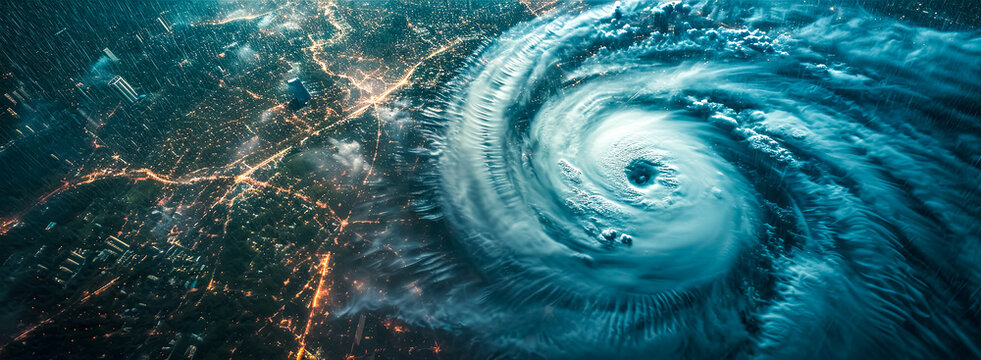 hurricane over night city, top view banner with copy space