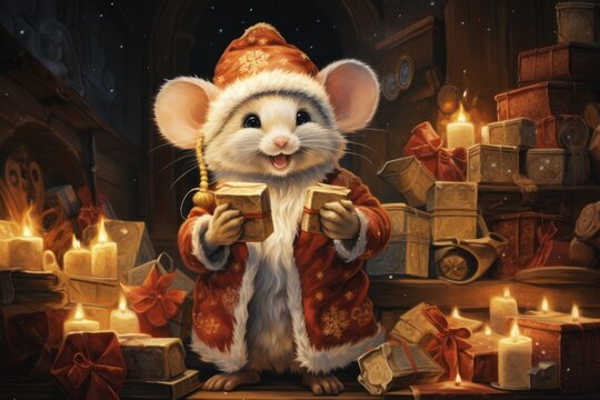  a painting of a rat dressed in a red and gold outfit holding a piece of wood in front of a bunch of lit candles.