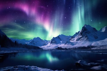  a view of a mountain range with a lake in the foreground and the northern lights in the sky in the background.