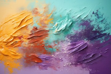  an abstract painting of multicolored paint splattered on a blue, purple, yellow, and pink background.