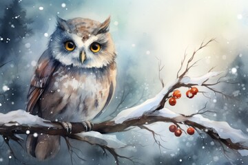  a painting of an owl sitting on a tree branch with berries in the foreground and snow in the background.