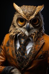  a close up of an owl wearing a suit and tie with an owl's head wearing a suit and tie.